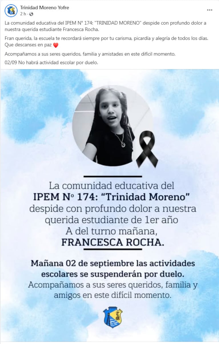 El mensaje del colegio al que asistía la nena fallecida.