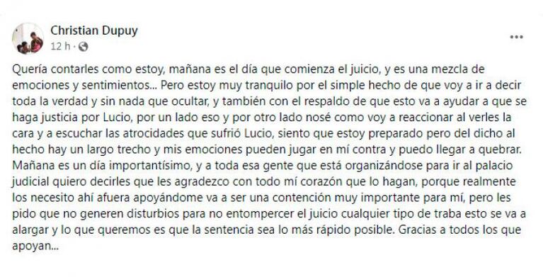 El mensaje del padre de Lucio Dupuy antes de declarar en el juicio