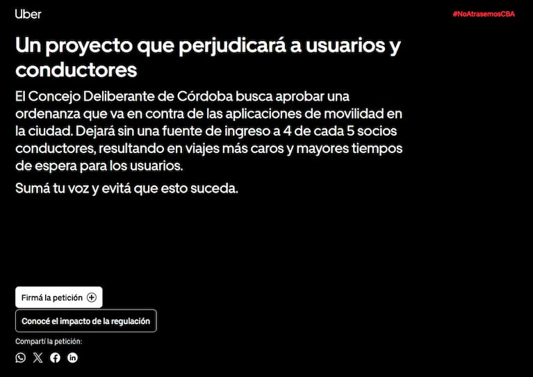 El mensaje difundido por Uber entre sus usuarios.