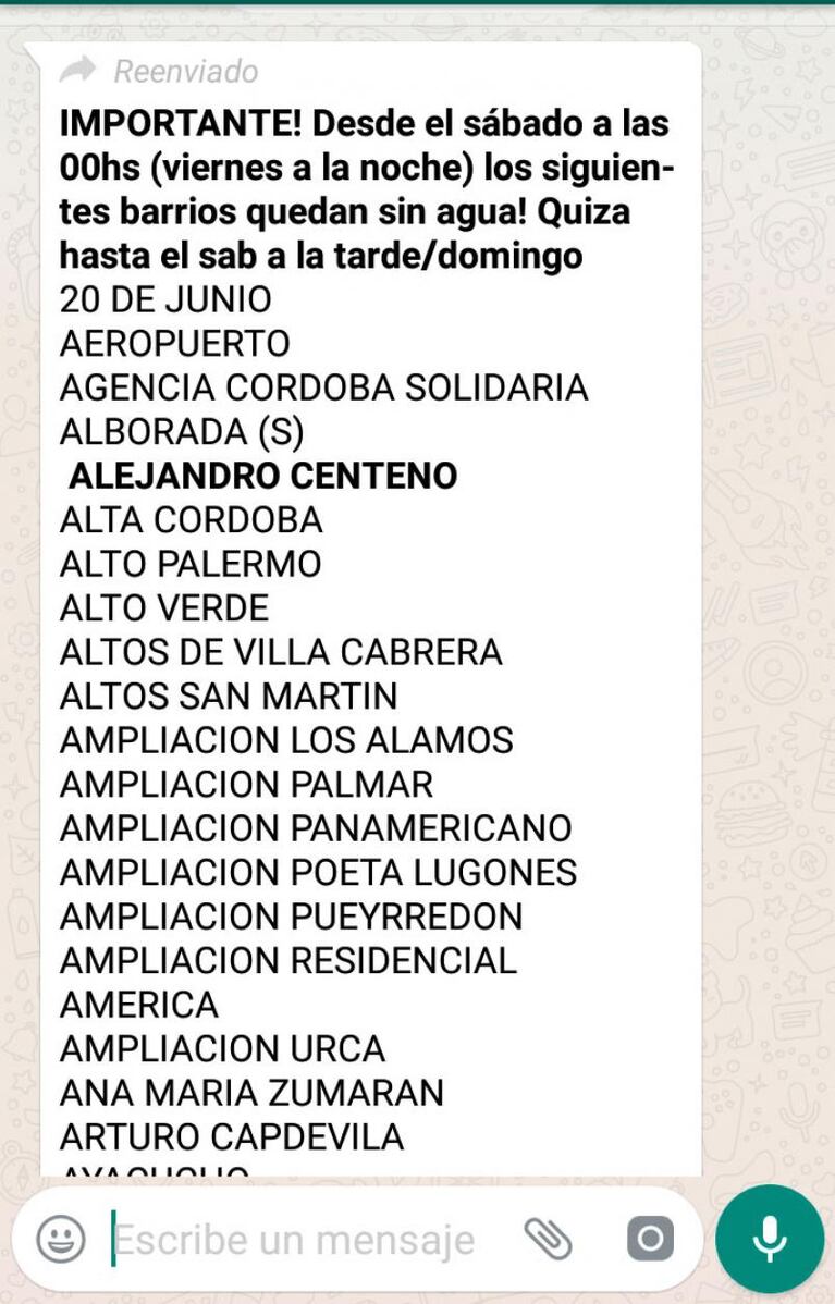 El mensaje falso por Whatsapp de cortes de agua 