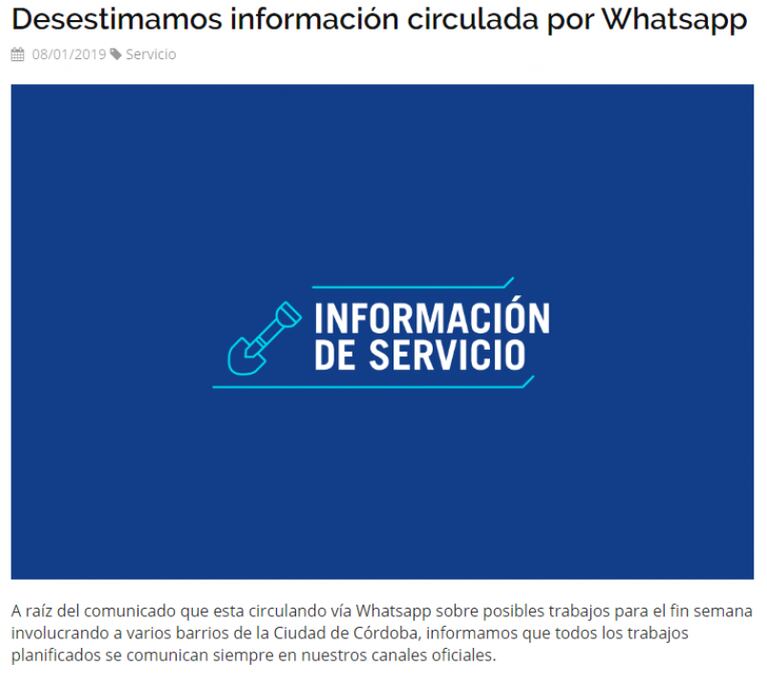 El mensaje falso por Whatsapp de cortes de agua 