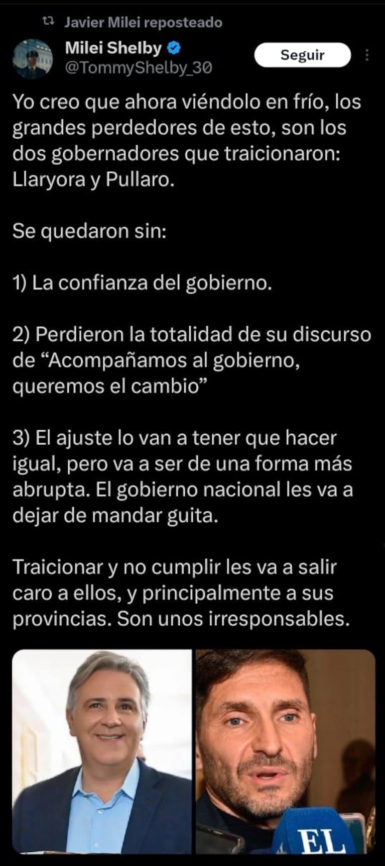 El mensaje que retuiteó Milei en contra de Llaryora y Pullaro.