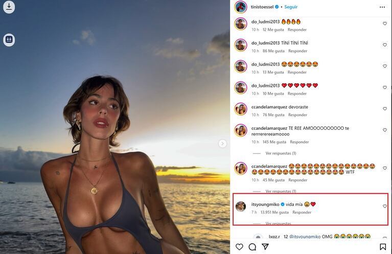 El mensaje que Young Miko le dejó a Tini Stoessel en la cuenta de Instagram. (Foto: Instagram/tinistoessel)