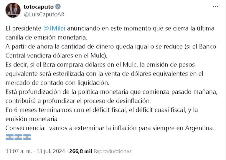 El ministro respaldó a Milei por la red social X.