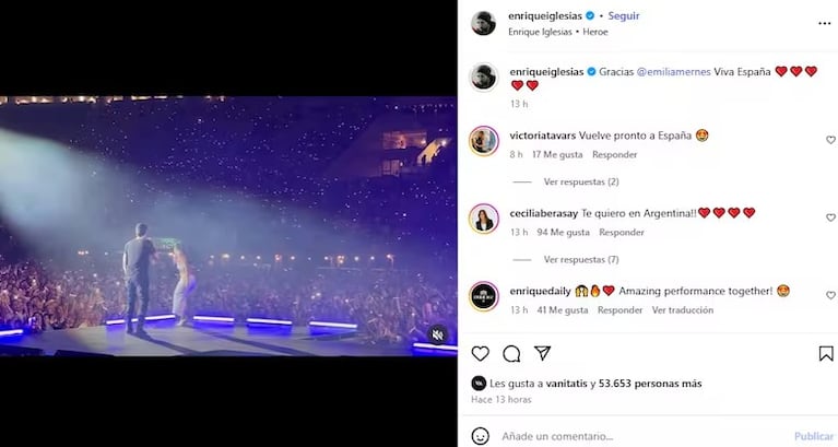 El momento de zozobra que vivió Emilia Mernes por un beso sorpresivo en un show de Enrique Iglesias