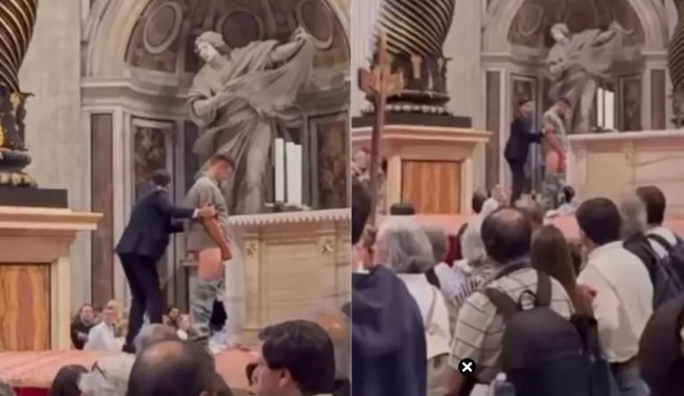 El momento en el que el hombre intentó orinar en el altar de la Basílica San Pedro.