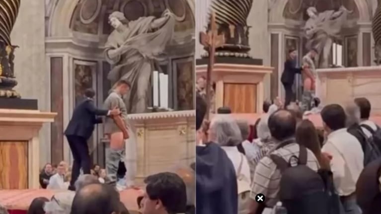 El momento en el que el hombre intentó orinar en el altar de la Basílica San Pedro.
