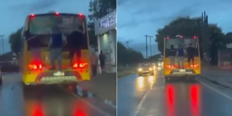 El momento en el que los adolescentes iban agarrados del colectivo.