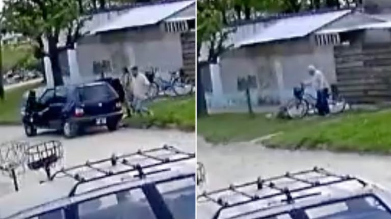El momento en el que los delincuentes escaparon con los dólares del jubilado.