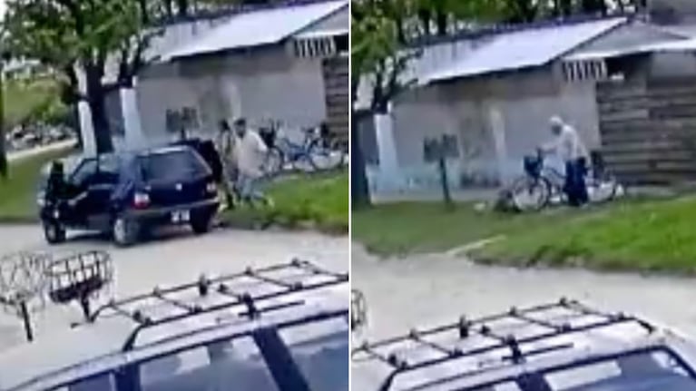 El momento en el que los delincuentes escaparon con los dólares del jubilado.
