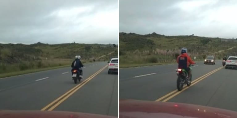 El momento en el que los motociclistas pasaron en doble línea amarilla.