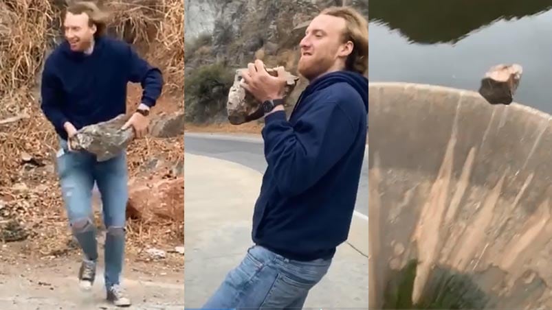 El momento en que un joven cordobés tiró la piedra al Dique San Roque.