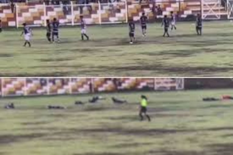El momento en que varios futbolistas son alcanzados por el rayo