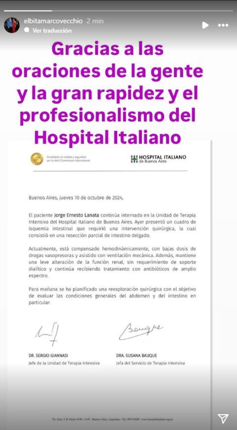El nuevo parte médico de Jorge Lanata. Foto: Instagram / @elbitamarcovecchio