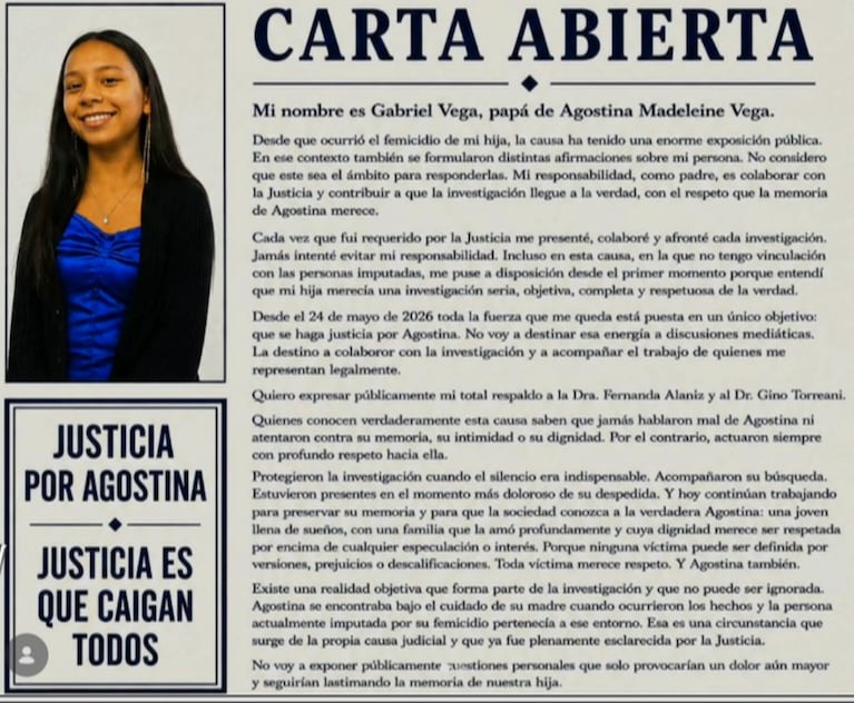 El papá de Agostina Vega escribió una carta abierta.