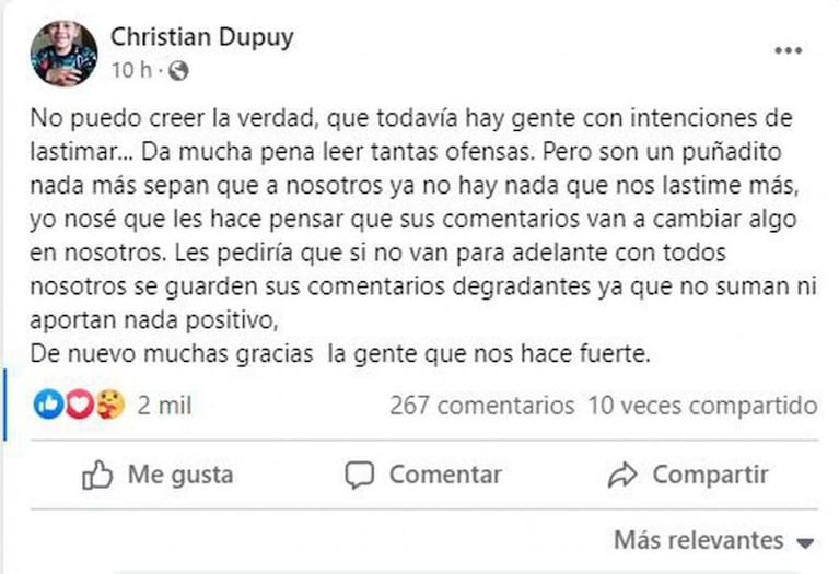 El papá de Lucio Dupuy recibió mensajes ofensivos en redes: “No hay nada que nos lastime más”