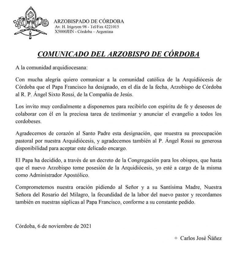 El Papa Francisco nombró al jesuita Ángel Rossi como nuevo arzobispo de Córdoba