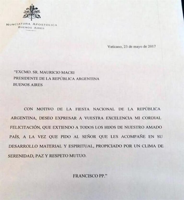 El Papa le envió una carta a Macri por el 25 de Mayo