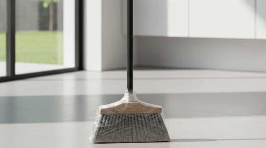 El papel film transforma la escoba en una aliada imbatible contra la suciedad.