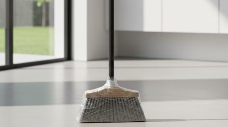El papel film transforma la escoba en una aliada imbatible contra la suciedad.