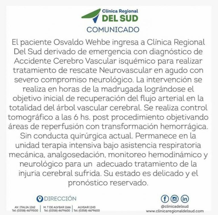 El parte médico del Turco Wehbe habla de “severo compromiso neurológico”