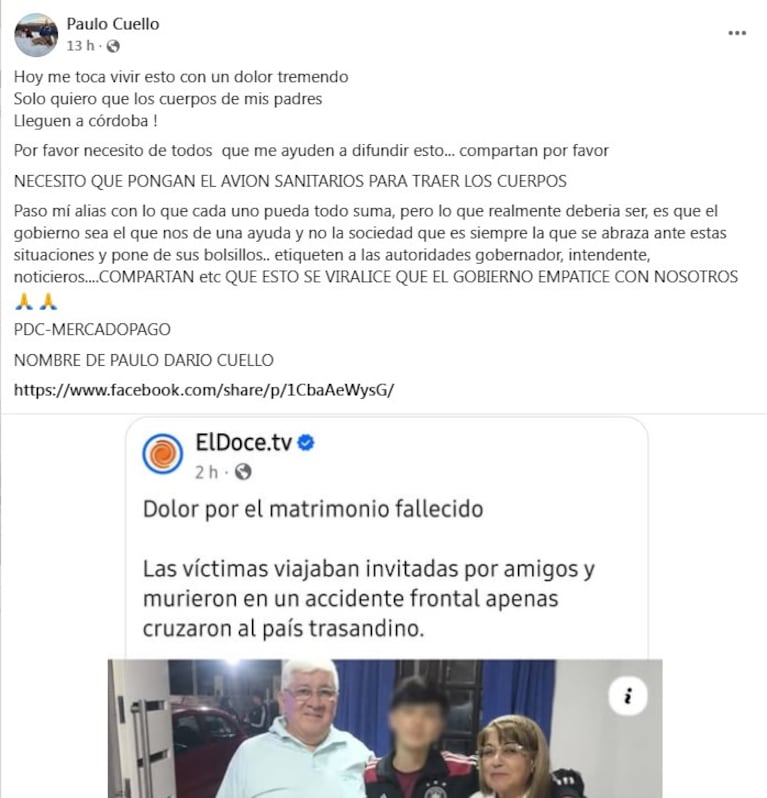 El pedido de ayuda del hijo de las víctimas.