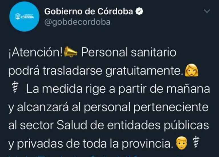 El personal de salud tendrá transporte gratis en Córdoba