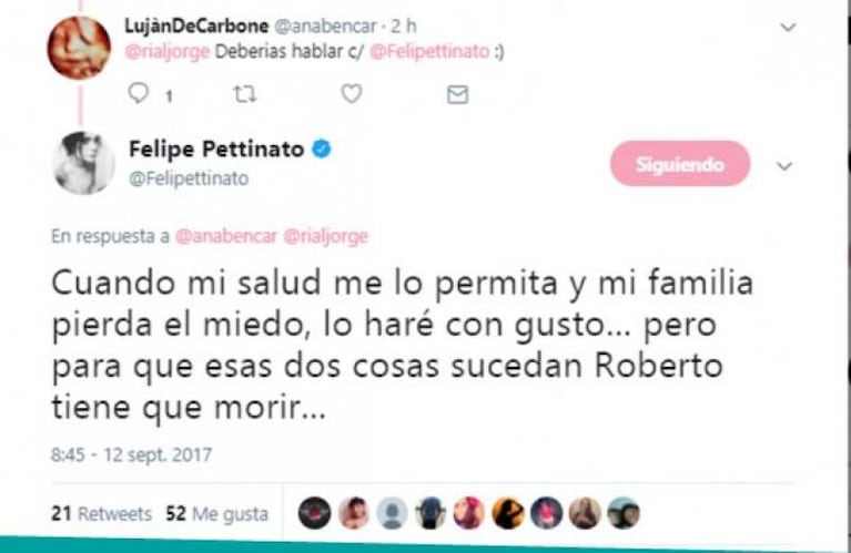 El perturbador tuit de Felipe Pettinato contra su padre