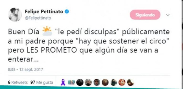 El perturbador tuit de Felipe Pettinato contra su padre