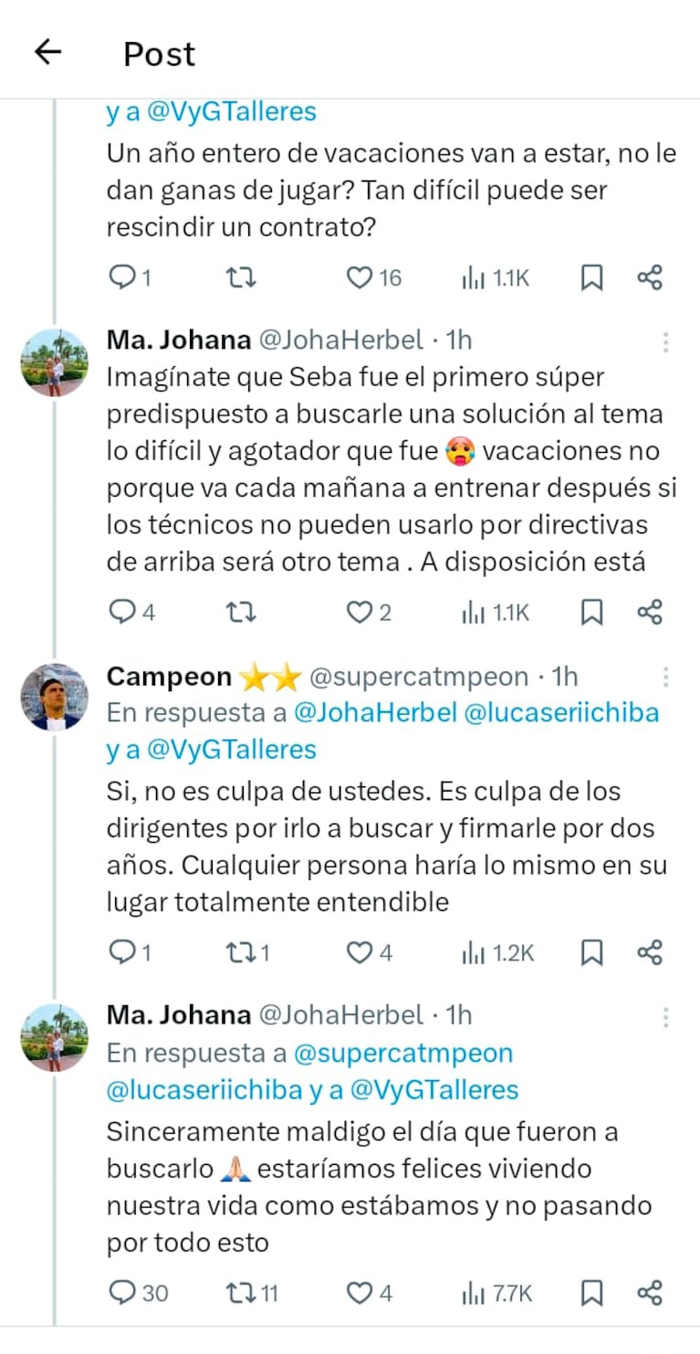 El picante cruce de la esposa de Sebastián Palacios con hinchas de Talleres por el futuro del jugador