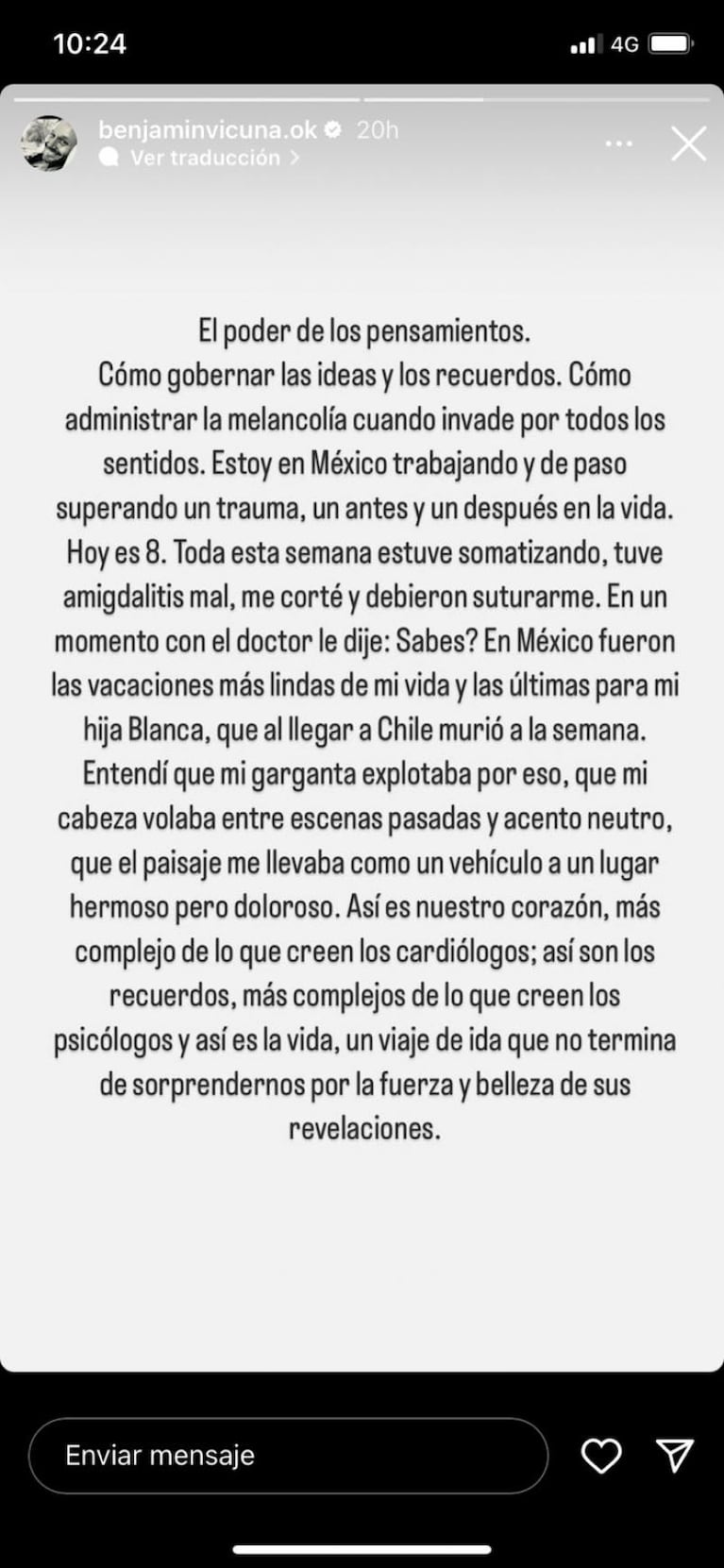 “El poder de los pensamientos”: el profundo recuerdo de Benjamín Vicuña a Blanca desde México