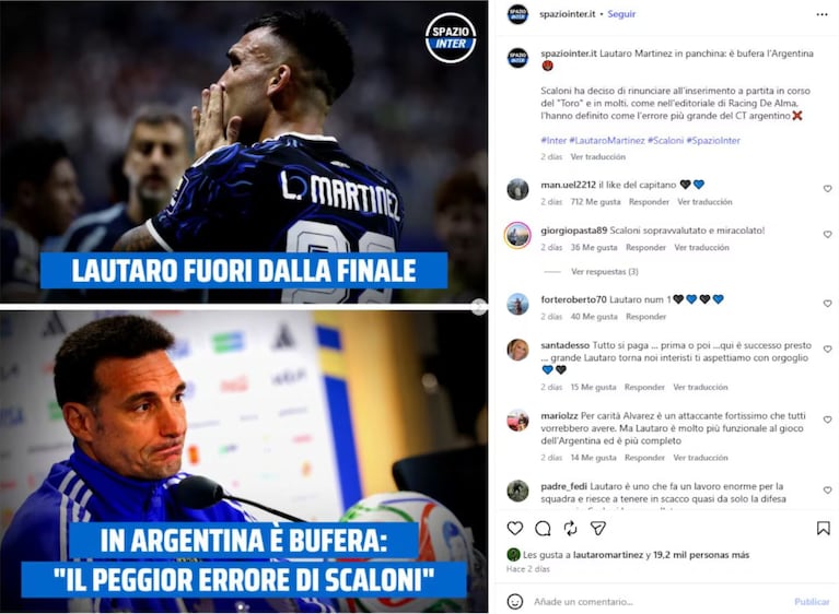 El polémico “me gusta” de Lautaro Martínez en un posteo que cuestionó a Scaloni por dejarlo afuera de la final
