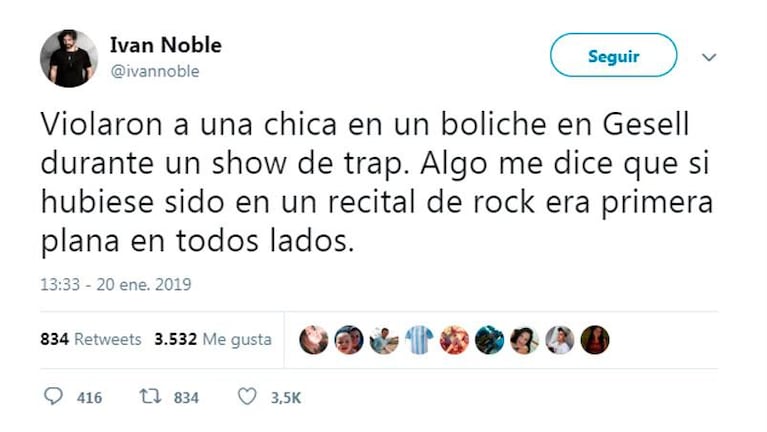 El polémico tweet de Iván Noble sobre la violación en un boliche de Villa Gesell