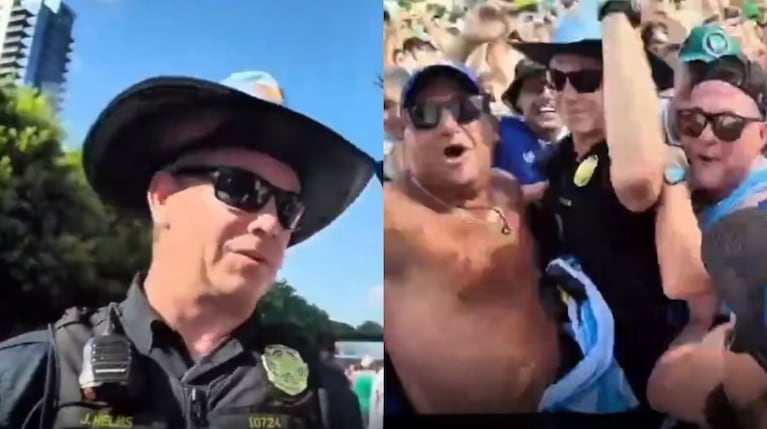 El policía saltó entre los hinchas argentinos.