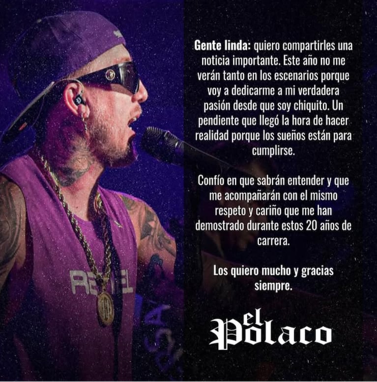 El posteo con el que El Polaco anunció que se retira de la música. (Foto: Instagram/@elpolaco)