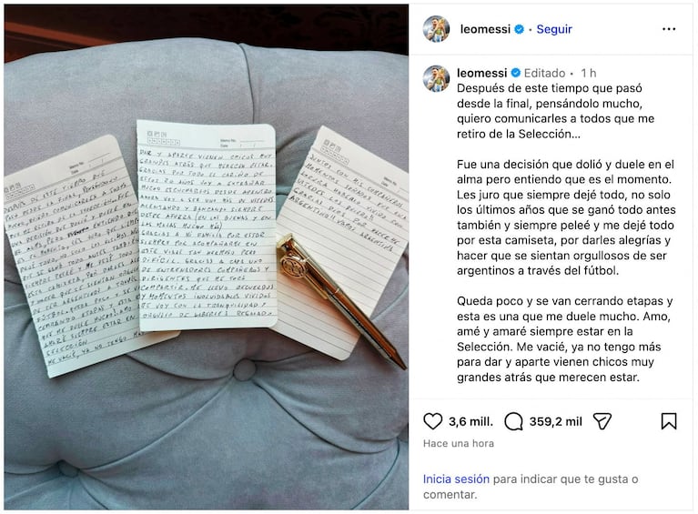 El posteo con el que Messi anunció su retiro. 