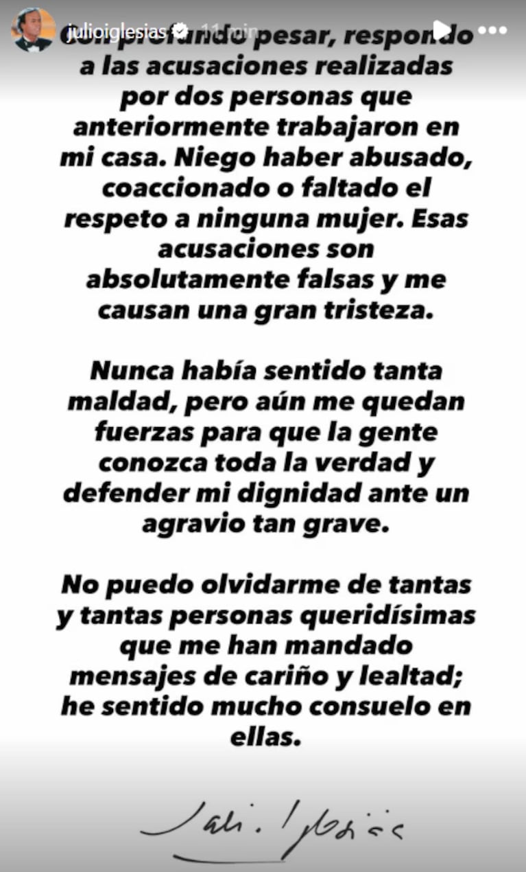 El posteo de Julio Iglesias.