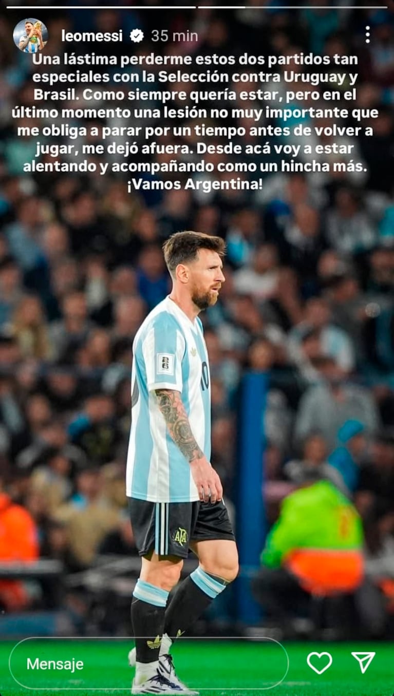 El posteo de Lionel Messi sobre su lesión.