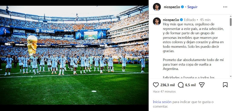 El posteo de Nico Paz.