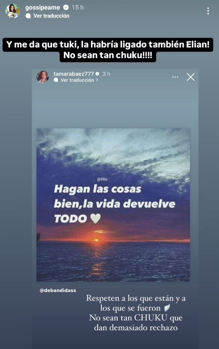 El posteo de Tamara que se interpretó como una indirecta a L-Gante. (Foto: Instagram/gossipeame)