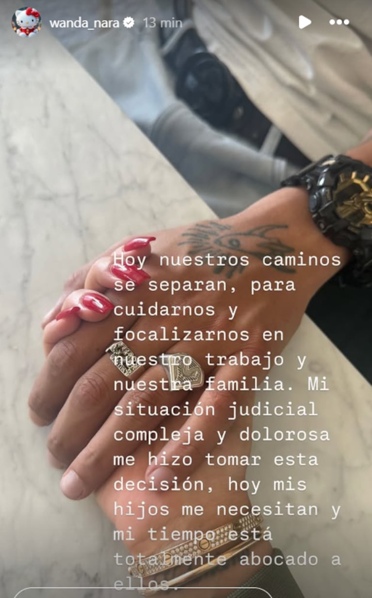El posteo de Wanda Nara para anunciar su separación de L-Gante. (Foto: Instagram/@wanda_nara)