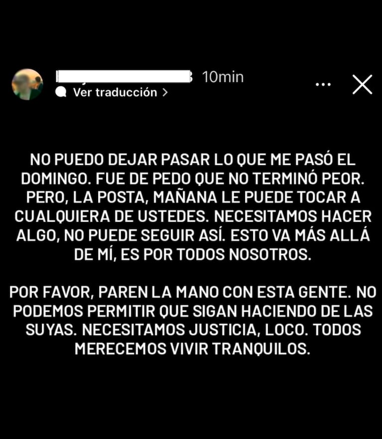 El posteo del joven atacado.