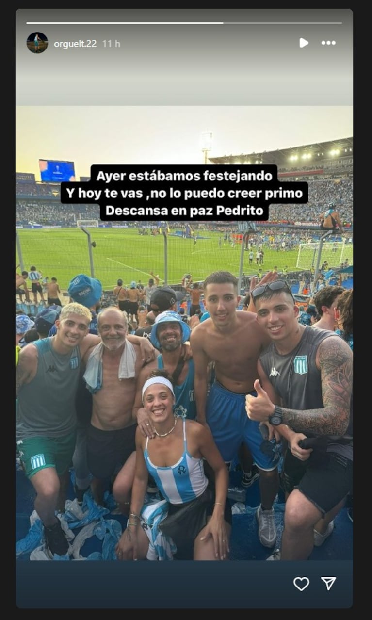 El posteo del primo de Pedro Orguelt, el hincha de Racing que murió en un accidente cuando volvía de ver la final de la Sudamericana en Asunción. (Foto: orguelt.22/Instagram)
