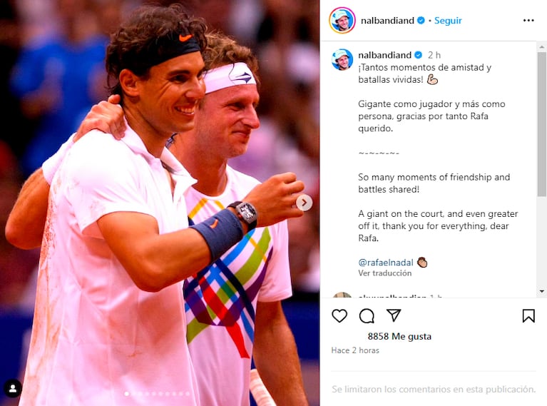 El posteo que Nalbandian le dedicó a Rafa Nadal.