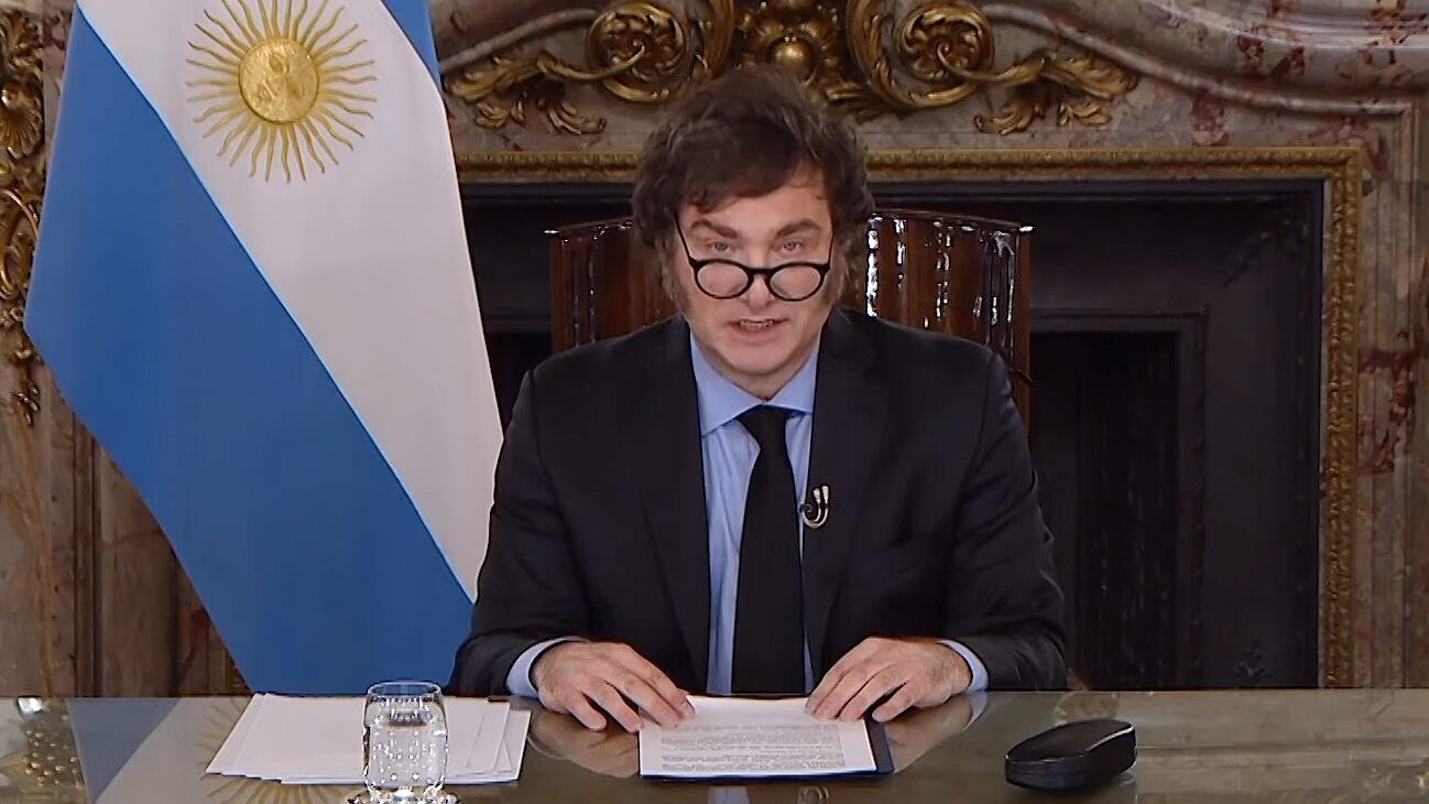 El presidente Javier Milei durante su mensaje por cadena nacional. (Foto NA: 
CAPTURA DE VIDEO)