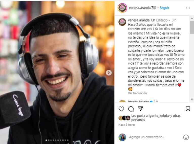 El recuerdo de Vanesa Aranda, la mamá de El Noba, a dos años de la muerte del músico. (Foto: Instagram /vanesa.aranda.731)