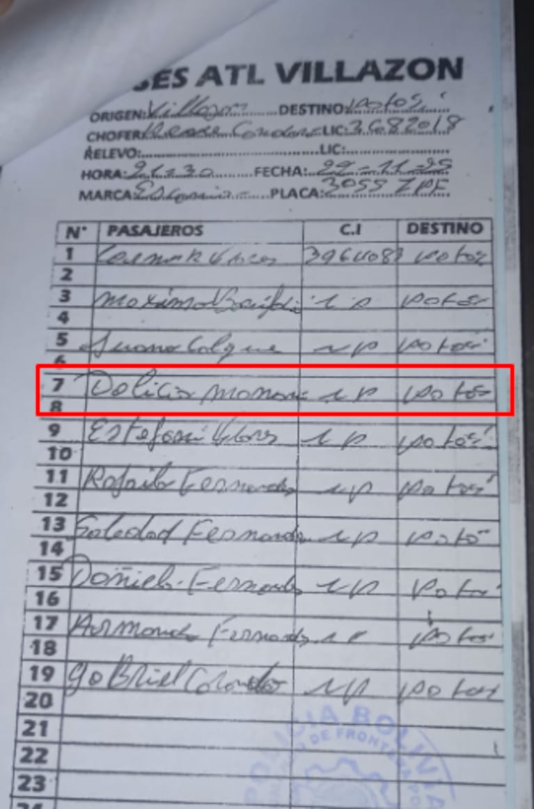 El registro de colectivo donde figura el nombre de Delicia Mamani Mamani como pasajera.
