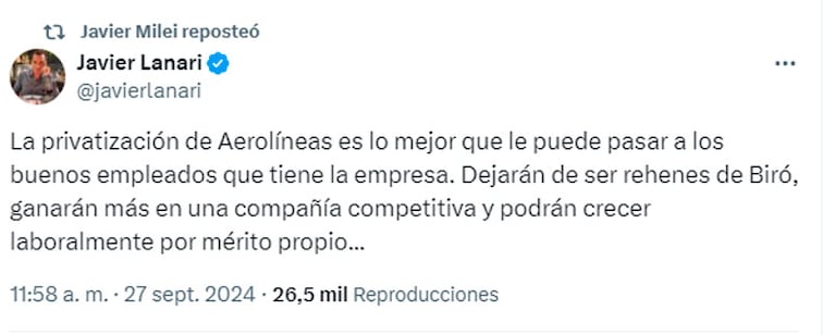 El reposteo de Milei al mensaje del subsecretario de Prensa.