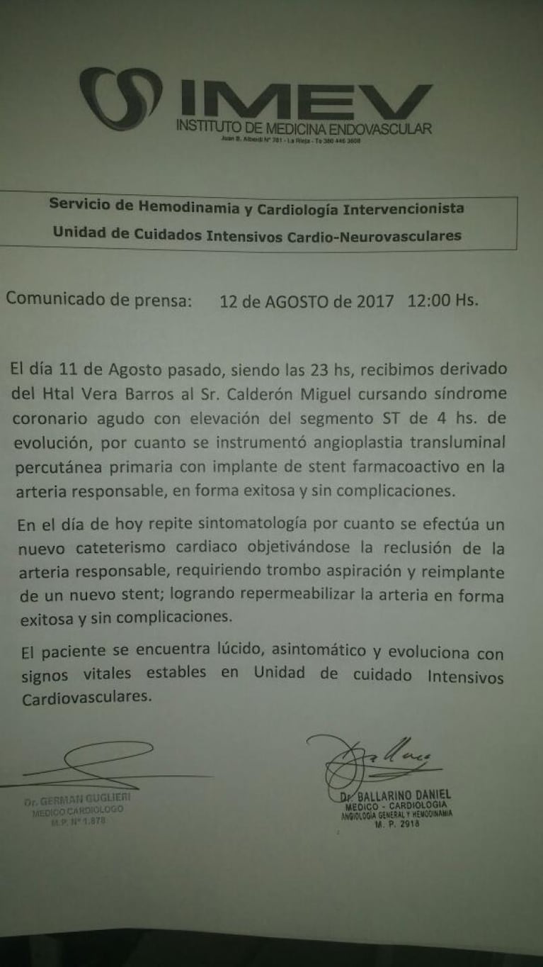 El Rey Pelusa evoluciona luego de dos cateterismos