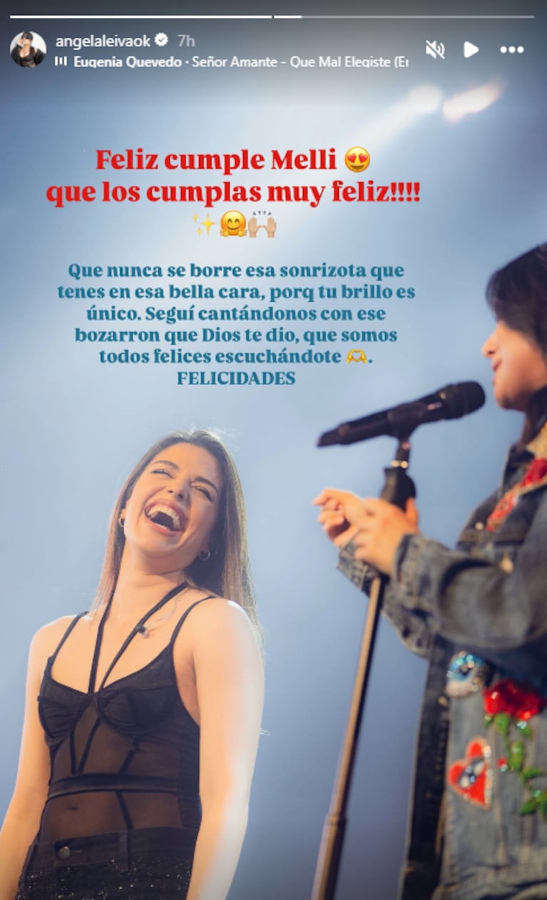 El saludo de Angela Leiva para Euge Quevedo vía Instagram.